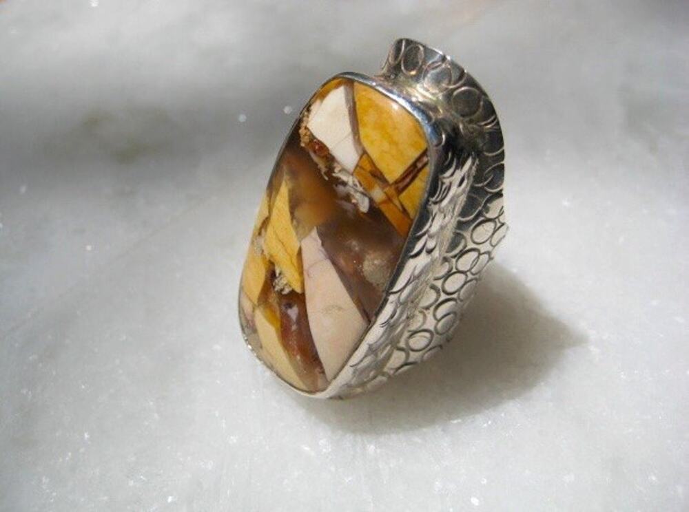 Brecciated Jasper Ring Handmade Sterling 925 Silver Snakeskin Wide Band size 8.5